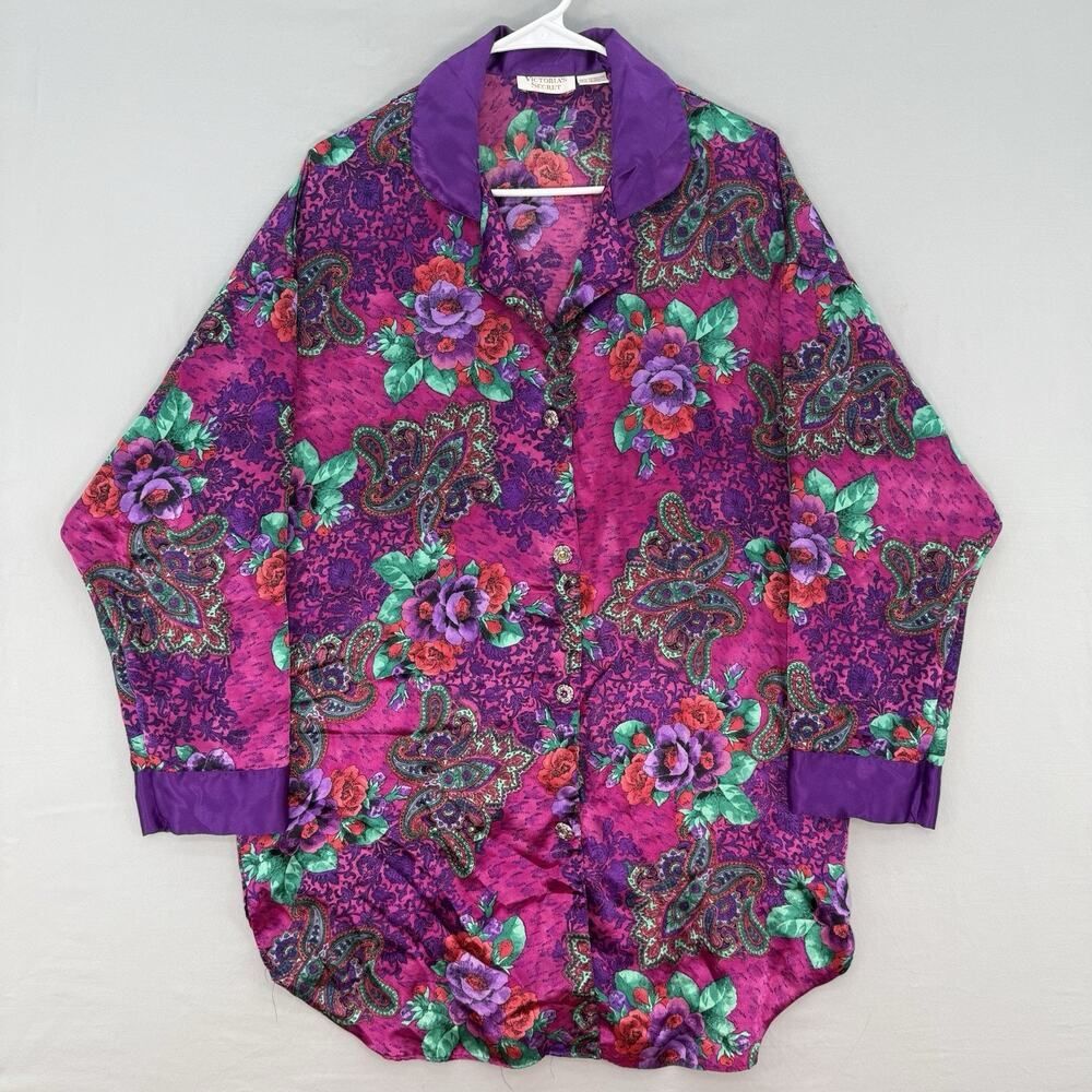VTG Victoria’s Secret Gold Label M/L Satin Cuffed Paisley Sleep Shirt Nightgown